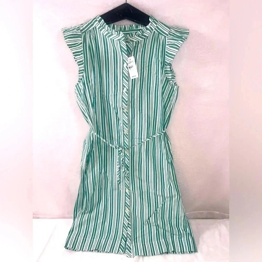 LOFT Green and White Ruffled Sundress